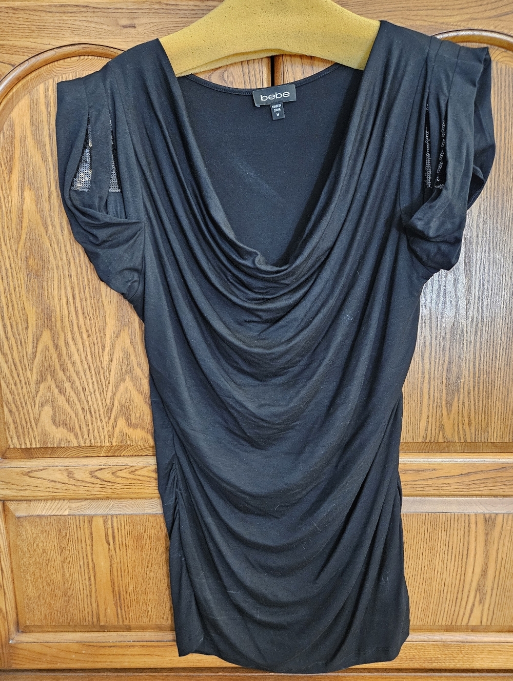 BeBe Black Draped Cowl Neck Top with Sequins on Sleeves